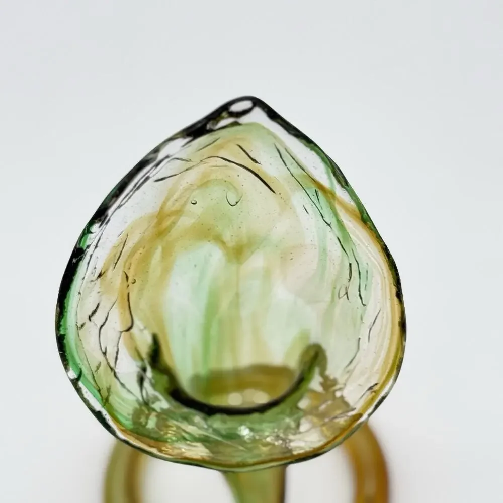 Murano-Style Hand-Blown Green Amber Swirl Art Glass Coiled Base Lilly Vase VTG